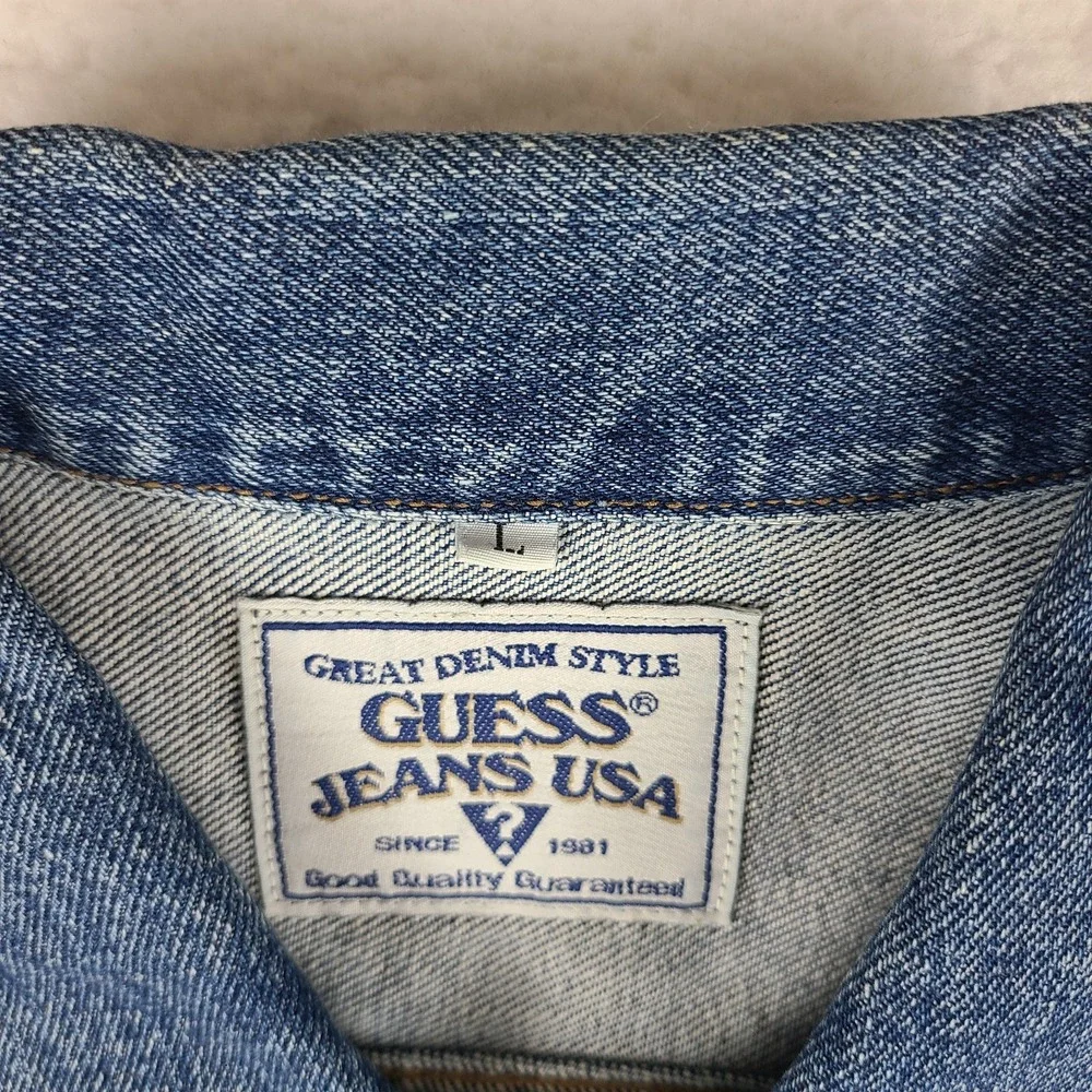 Guess Jean Denim Trucker Jacket Mens Large Blue Flap‎ Pocket VTG USA Style 10807